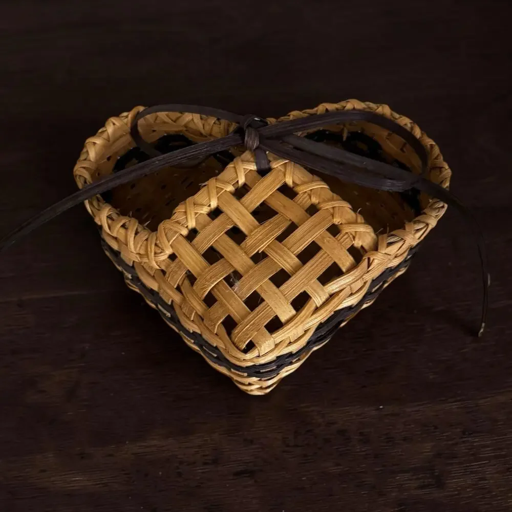 Vintage Handmade Heart Shaped Wicker Wall Basket Pocket Two-Tone Navy